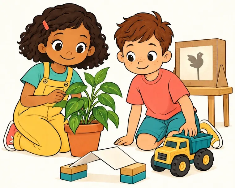 Two children exploring a plant and a toy truck together